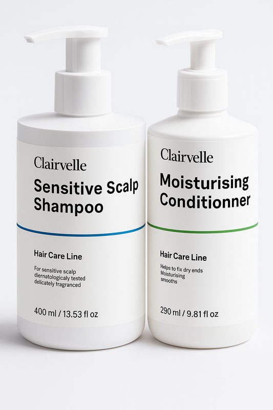 Two bottles of Clairvelle shampoo and conditioner on a white background