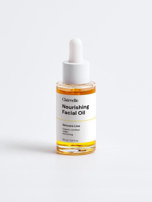 Bottle of Clairvelle Nourishing Facial Oil on a white background