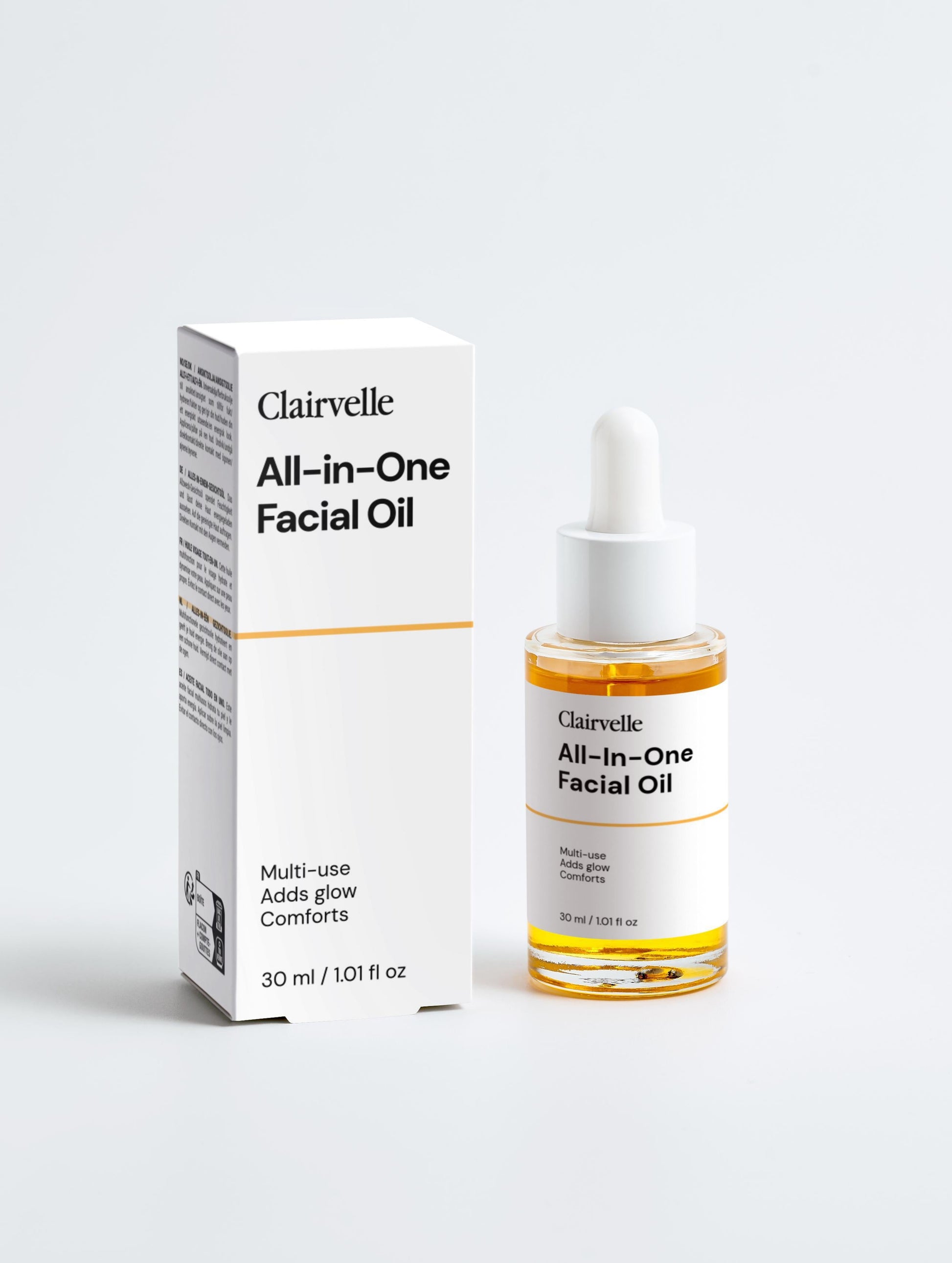 Clairvelle All-in-One Facial Oil bottle and packaging on a white background