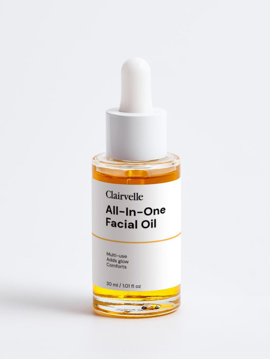Clairvelle All-in-One Facial Oil bottle with dropper on a white background