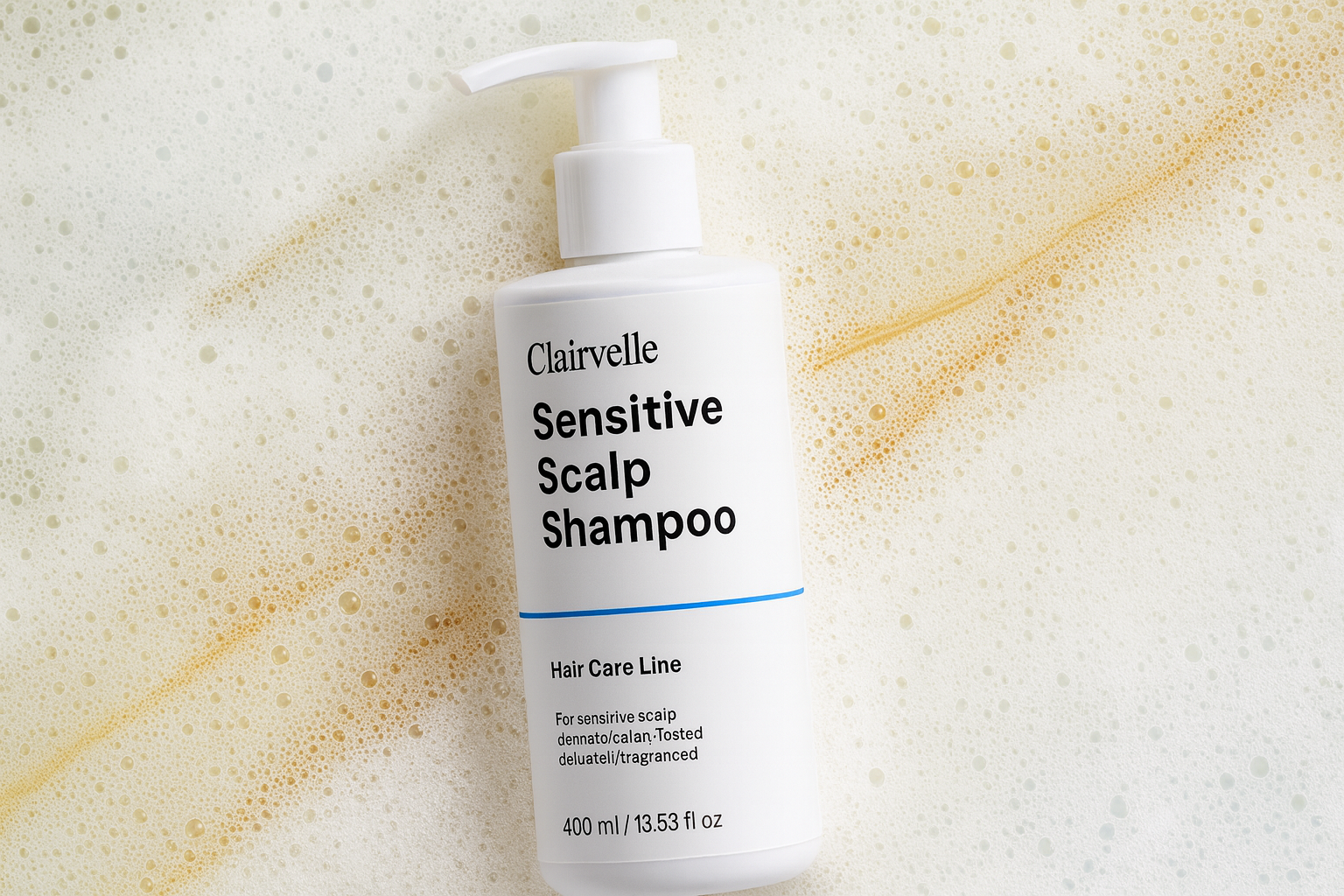 Bottle of Clairvelle Sensitive Scalp Shampoo on a textured beige background